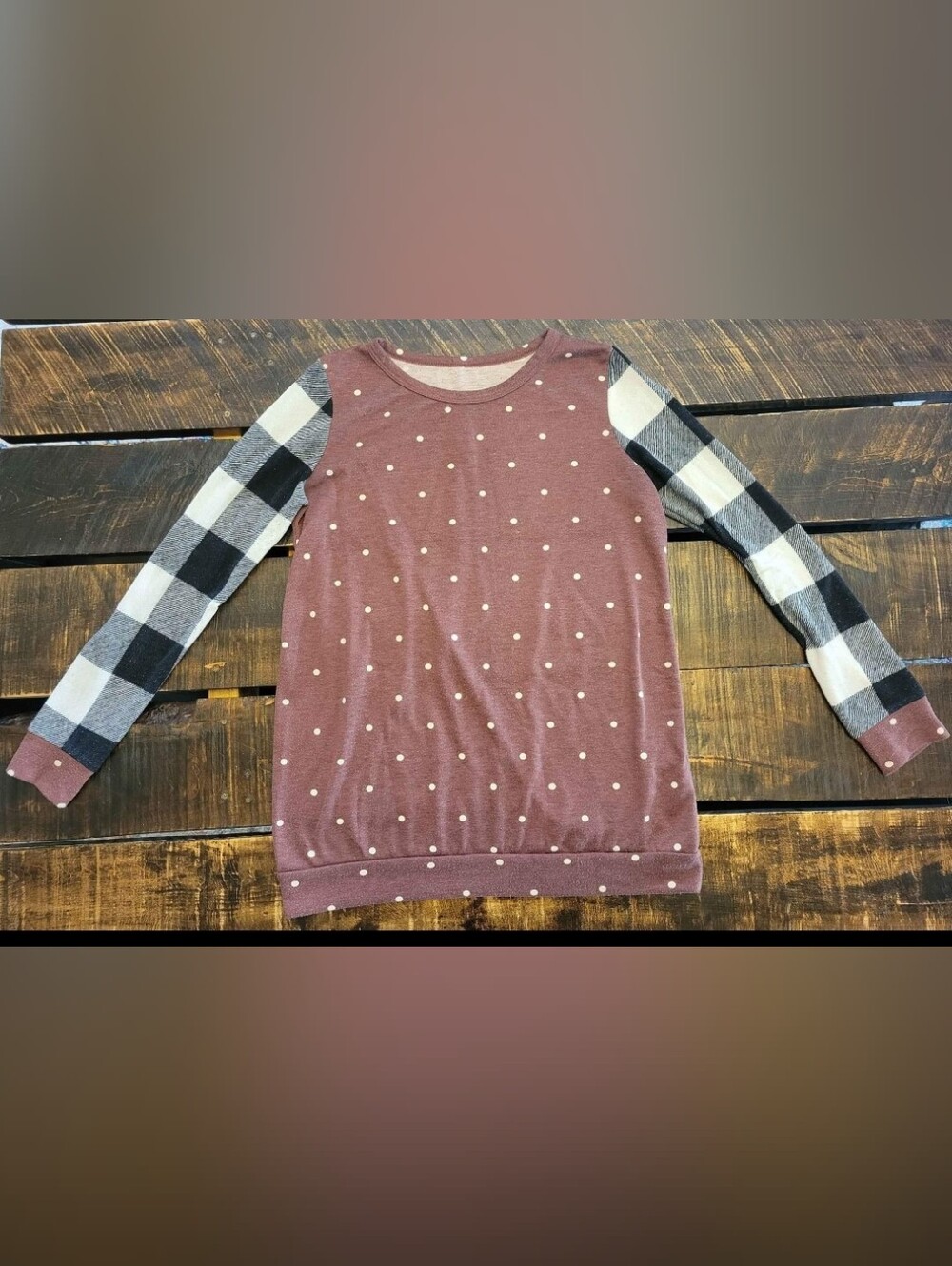 Polka Dot Raglan Sleeve Women's Top - Brown with Black & White Plaid Sleeves